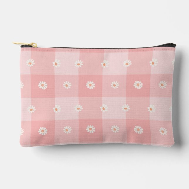 Peach Daisy Checkerboard Accessory Pouch (Front)