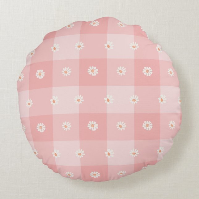 Peach Daisy Checkerboard Round Cushion (Back)