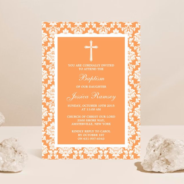 Peach Damask Cross Baptism Or Christening Invitation (Creator Uploaded)