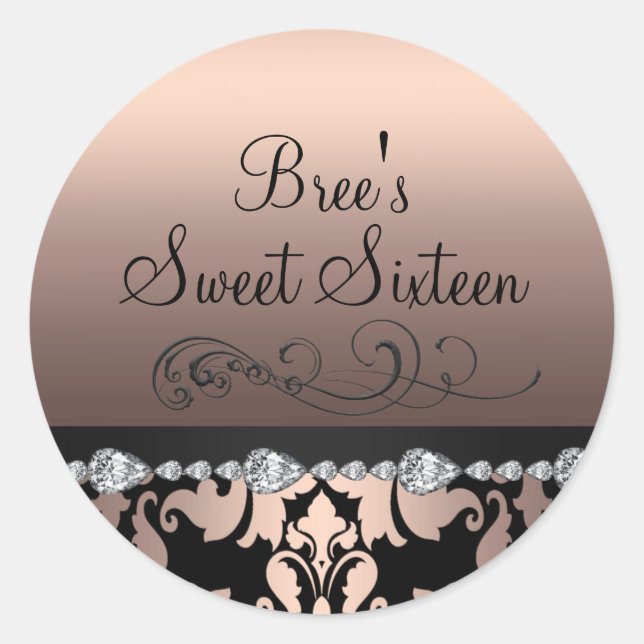 Peach Damask & Diamond Sweet 16 Sticker (Front)
