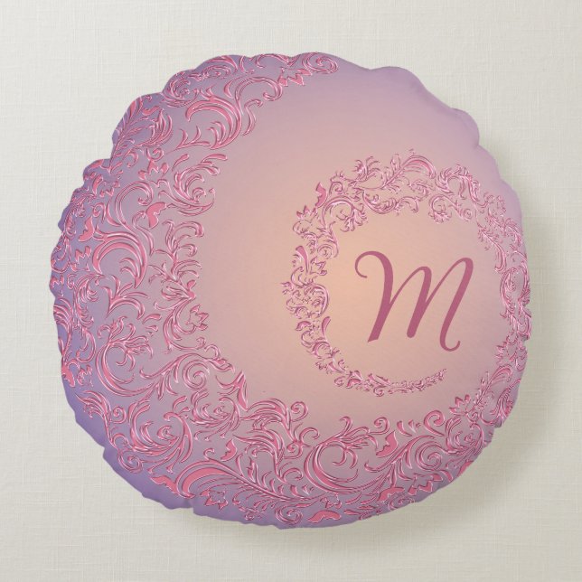 Peach Damask Monogram Round Cushion (Front)