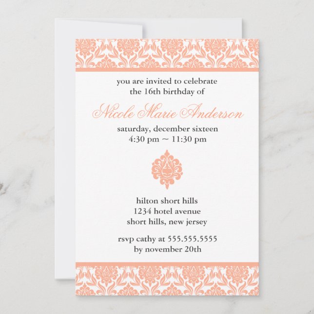 Peach Damask Sweet Sixteen Invitations (Front)