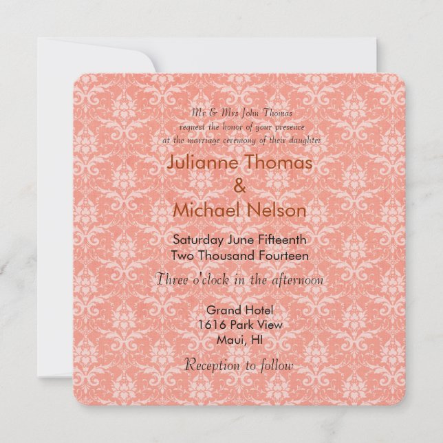 Peach Damask Wedding Invitation (Front)