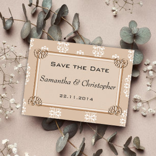 Peach Damask Wedding Save the Date Announcement Postcard