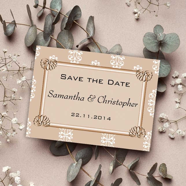 Peach Damask Wedding Save the Date Announcement Postcard (Creator Uploaded)