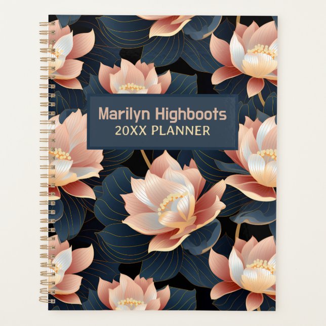 Peach & Dark Blue Lotus Flowers Planner (Front)
