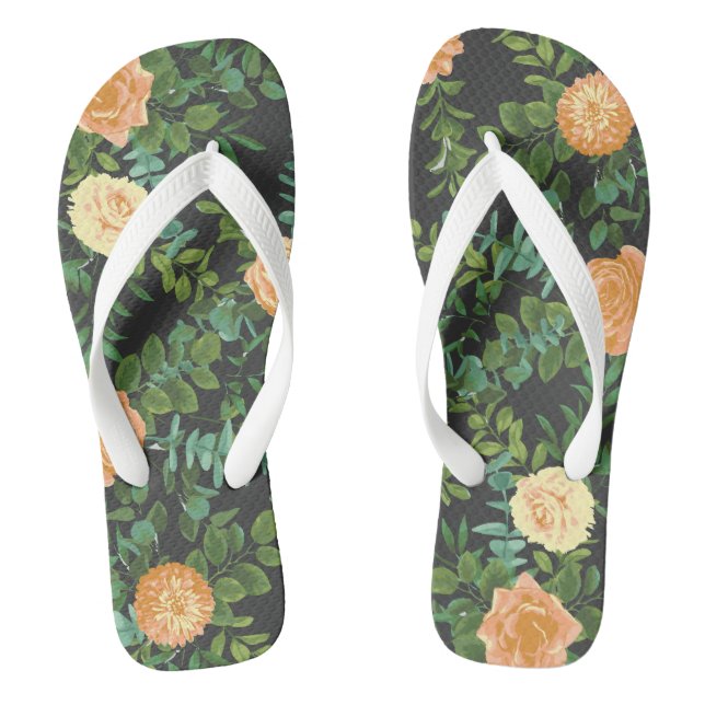 Peach Dark Grey Wedding Roses Floral Flip Flops (Footbed)
