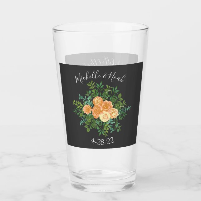 Peach Dark Grey Wedding Roses Floral Glass (Front)