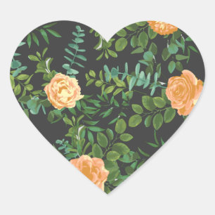 Peach Dark Grey Wedding Roses Floral Heart Sticker