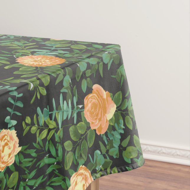 Peach Dark Grey Wedding Roses Floral Tablecloth (In Situ)