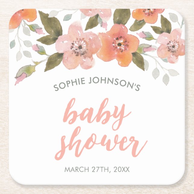 Peach Delicate Floral Baby Shower Square Paper Coaster (Front)