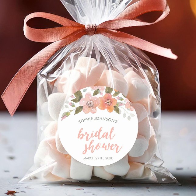 Peach Delicate Floral Bridal Shower Classic Round Sticker (Creator Uploaded)