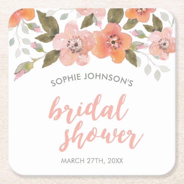 Peach Delicate Floral Bridal Shower Square Paper Coaster (Front)