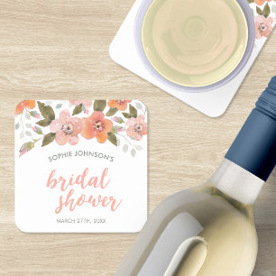Peach Delicate Floral Bridal Shower Square Paper Coaster