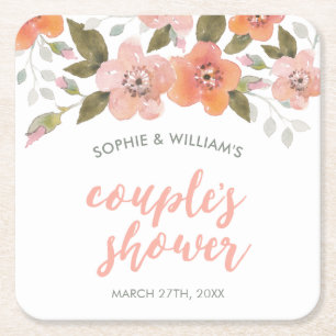 Peach Delicate Floral Couple's Shower Square Paper Coaster