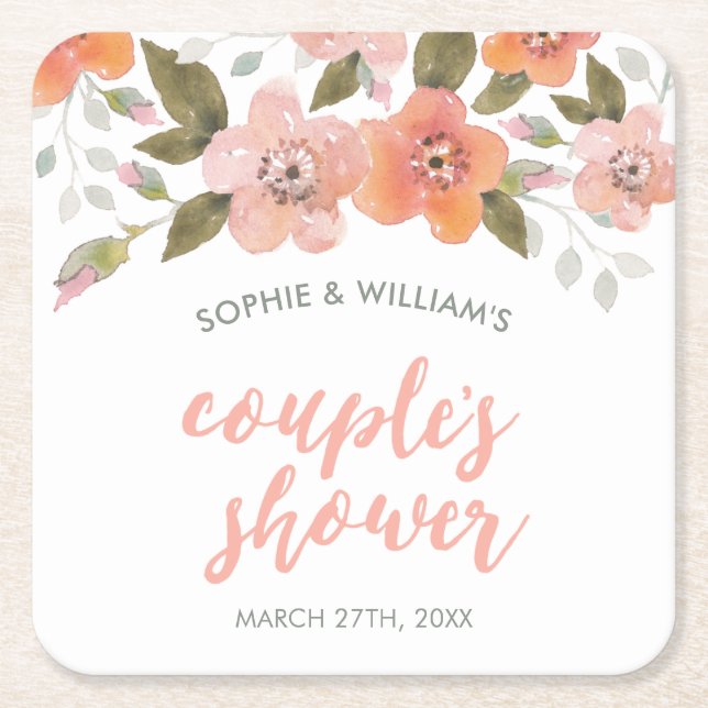 Peach Delicate Floral Couple's Shower Square Paper Coaster (Front)