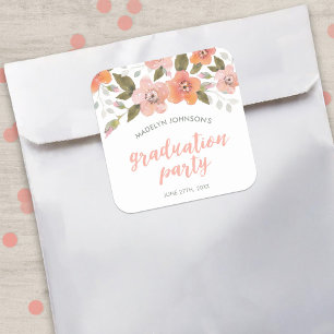 Peach Delicate Floral Graduation Party Square Sticker