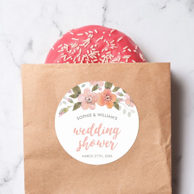Peach Delicate Floral Wedding Shower Classic Round Sticker (Creator Uploaded)