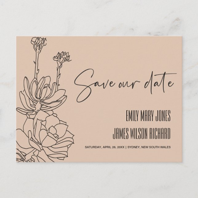 PEACH DESERT CACTI SUCCULENT SKETCH SAVE THE DATE ANNOUNCEMENT POSTCARD (Front)