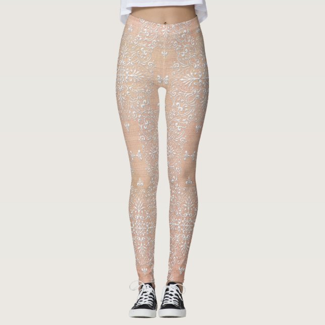 Peach Diamond Damask Lace Leggings (Front)