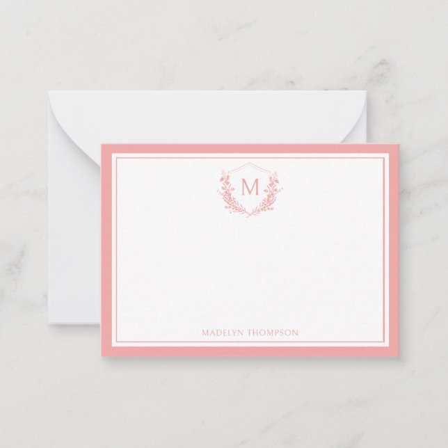 Peach Double Border Floral Crest Classic Monogram Card (Front)