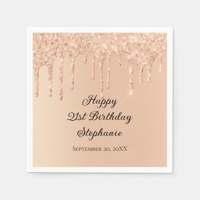 Peach Dripping Glitter Glam Trendy Bling Birthday  Napkin (Front)