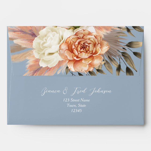 Peach Dusty Blue Floral Wedding Envelope (Back (Top Flap))