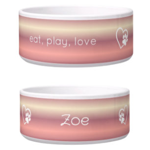 Peach 'eat, play, love' Dog Name Bowl