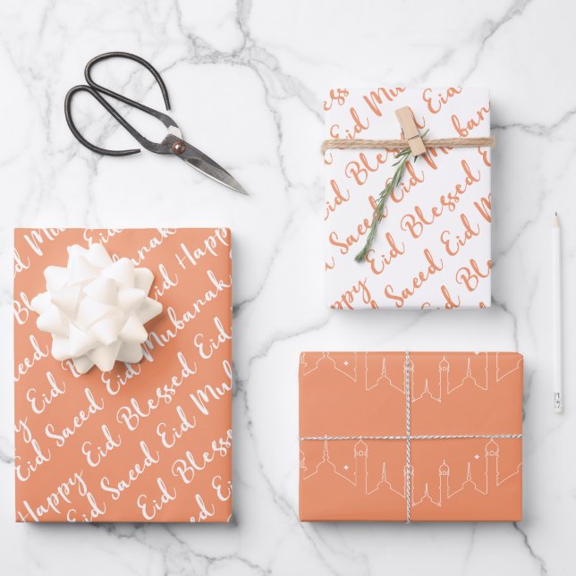 Peach Eid Calligraphy Masjid Pattern Design Wrapping Paper Sheet (Front)