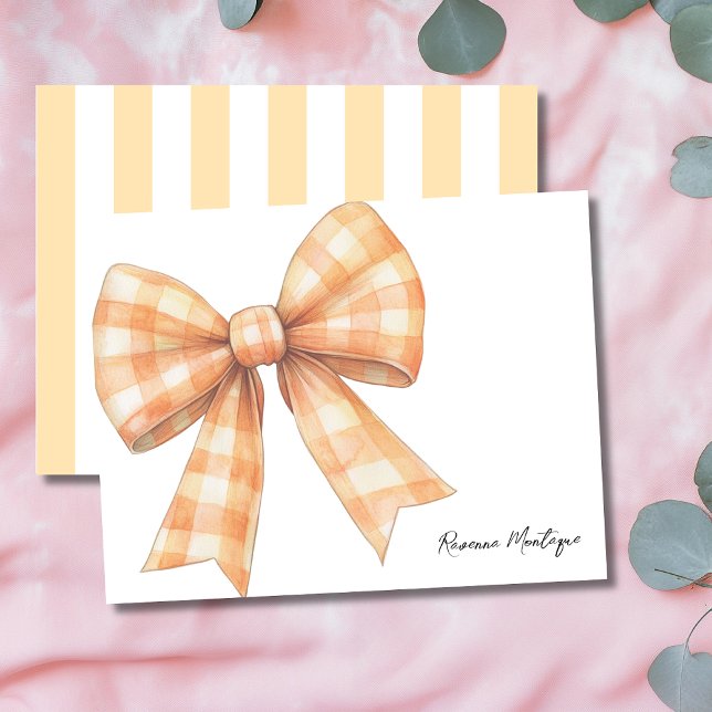 Peach Elegant Gingham Bow Thank You Note Card (Creator Uploaded)