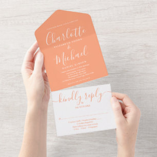 Peach Elegant Modern Script Minimalist Wedding All In One Invitation
