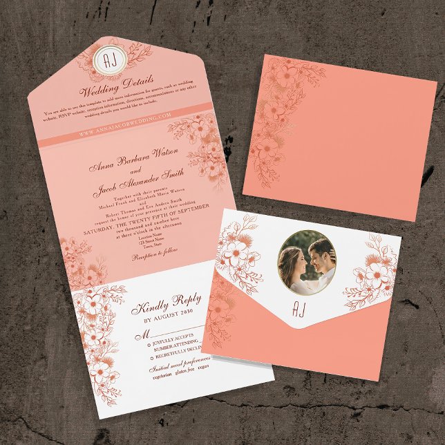 Peach Elegant Monogram Wedding All In One Invitation (Creator Uploaded)