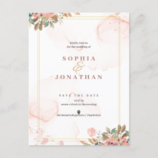 Peach Elegant Neutral Watercolor Floral Wedding  Invitation Postcard