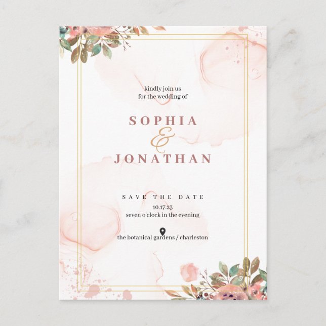 Peach Elegant Neutral Watercolor Floral Wedding  Invitation Postcard (Front)