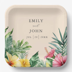 Peach Elegant Watercolor Tropical Flowers Wedding Paper Plate