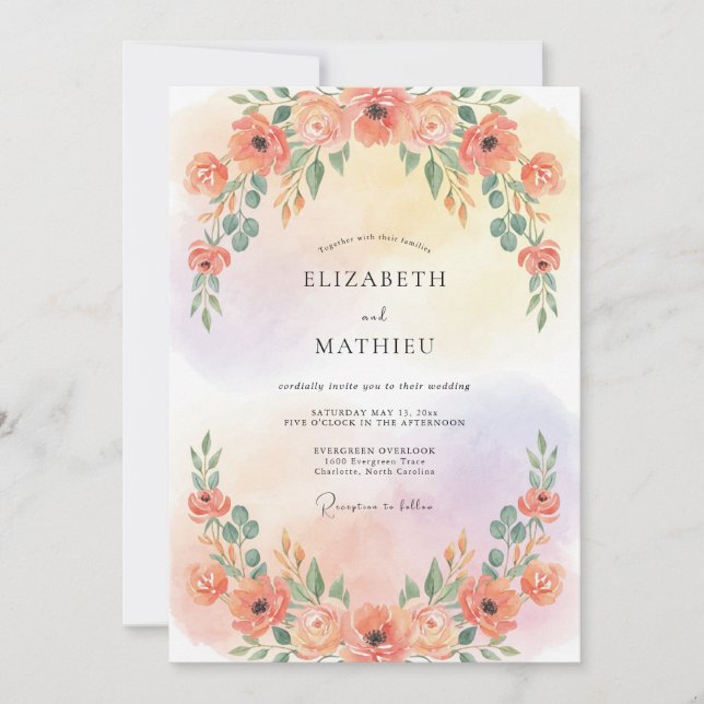 Peach Enchanted Watercolor Wedding Invitation (Front)