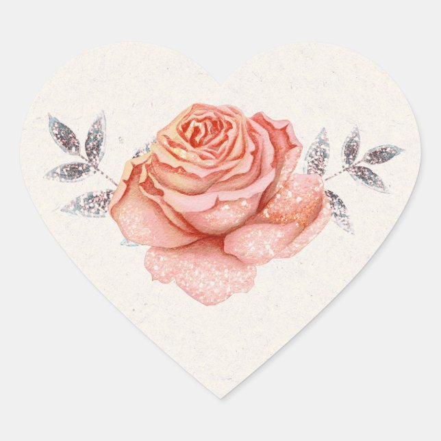 Peach Fairy Tale Glitter Rose Leaves Bridal Shower Heart Sticker (Front)