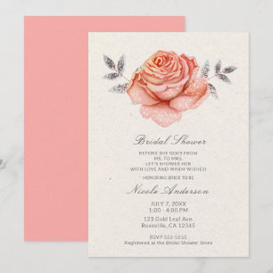 Peach Fairy Tale Glitter Rose Leaves Bridal Shower Invitation
