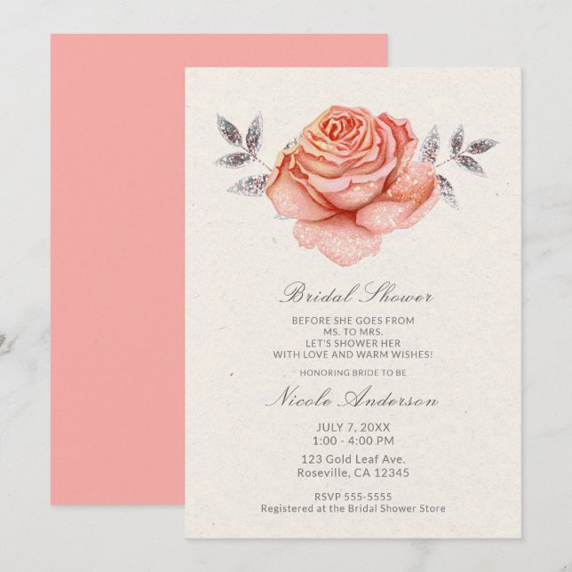 Peach Fairy Tale Glitter Rose Leaves Bridal Shower Invitation (Front/Back)