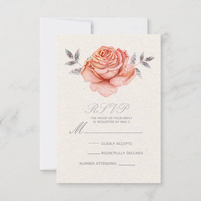 Peach Fairy Tale Glitter Rose Leaves RSVP Reply (Front)