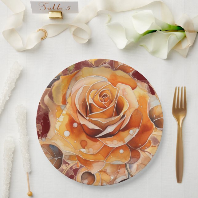 Peach Fall Rose Watercolor Paper Plate (Wedding)