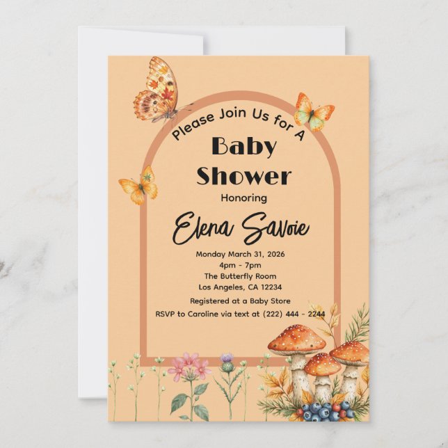 Peach Fall Woodland Butterfly Mushroom Baby Shower Invitation (Front)