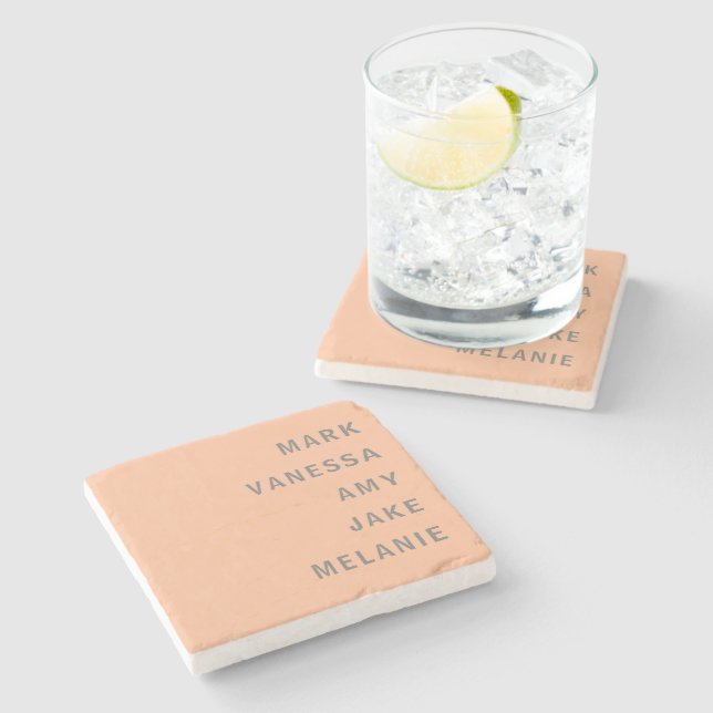 Peach Family Names Monogram Minimalist Grey Text Stone Coaster (Side)
