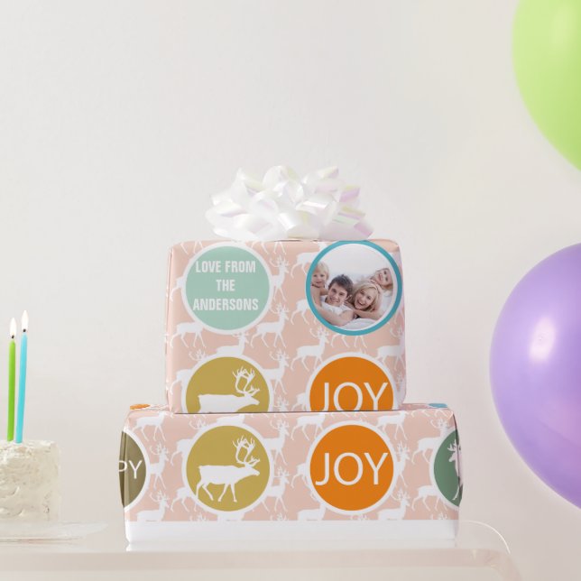 Peach Family Photo Reindeer Christmas Merry Bright Wrapping Paper (Party Gifts)