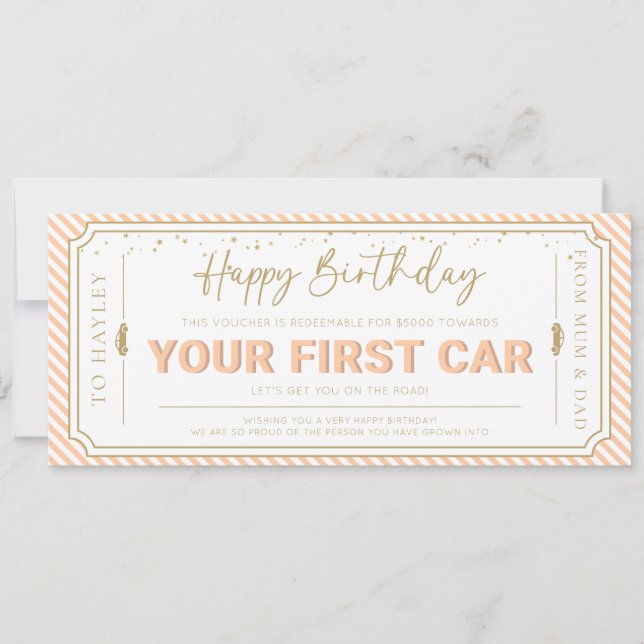 Peach First Car Birthday Gift Voucher Card (Front)