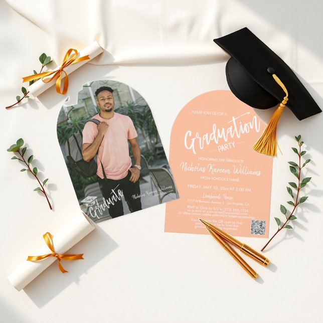 Peach Fizz Arch Photo QR Code Grad Party Invitation (Creator Uploaded)