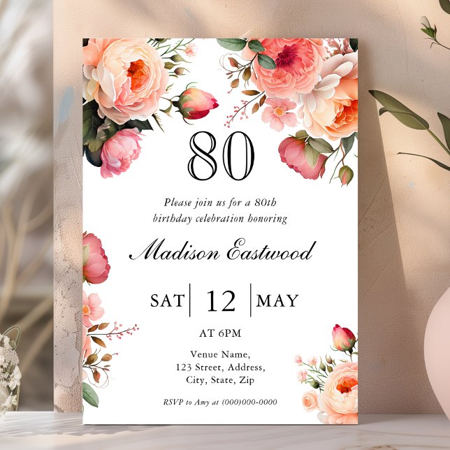 Peach Floral 80th Birthday Invitation (Creator Uploaded)