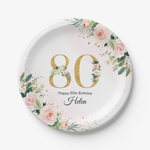 Peach Floral 80th Birthday Paper Plates