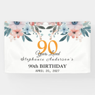  Peach Floral 90th Birthday 90 Years Loved Banner