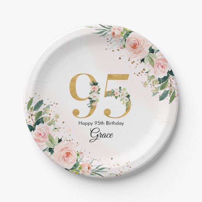 Peach Floral 95th Birthday Paper Plates (Front)